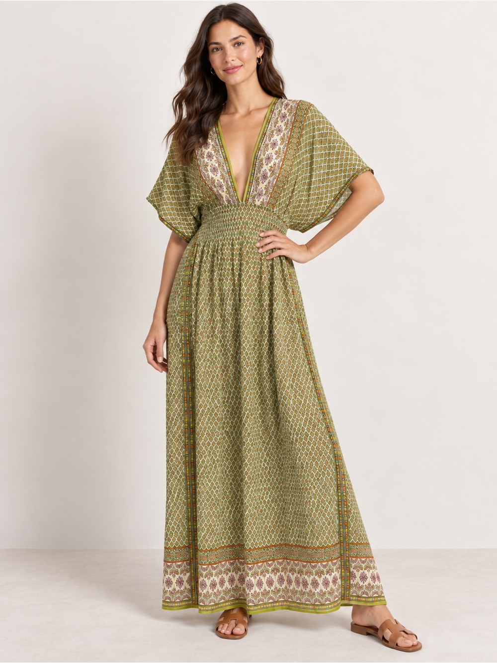 Tory Burch Grand Voyage Green Printed Silk Caftan Maxi Dress Cover-Up S